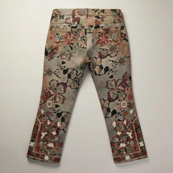 Johnny Was 2-10-10-5 Biya Embroiderd Camo Floral Denim Cropped Boho Jeans Y2K - Picture 2 of 10
